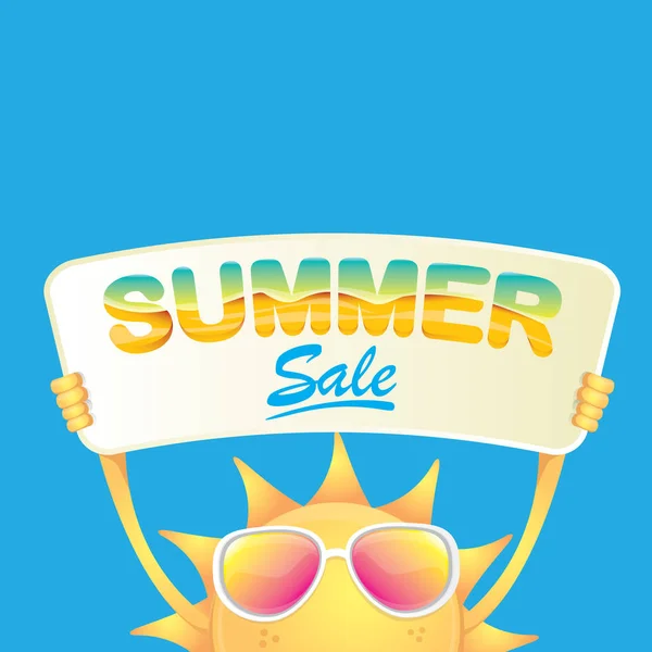 Wektor lato szczęśliwy słońce trzyma znak oferta sprzedaży — Wektor stockowy