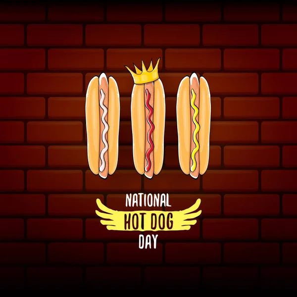 Cartaz nacional do dia do cachorro-quente com cachorro-quente engraçado desenho animado. Etiqueta do dia do cachorro-quente ou impressão para tee . —  Vetores de Stock