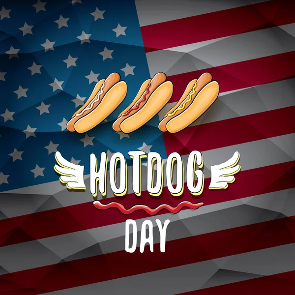 Національний день хот-дога з смішним мультиплікаційним хот-догом. гаряча етикетка дня собаки або друк для трійника ізольовані на фоні прапора США . — стоковий вектор