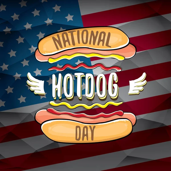 National hot dog day poster with funny cartoon hot dog. Hot dog day label or print for tee isolated on usa flag background. — Stock Vector