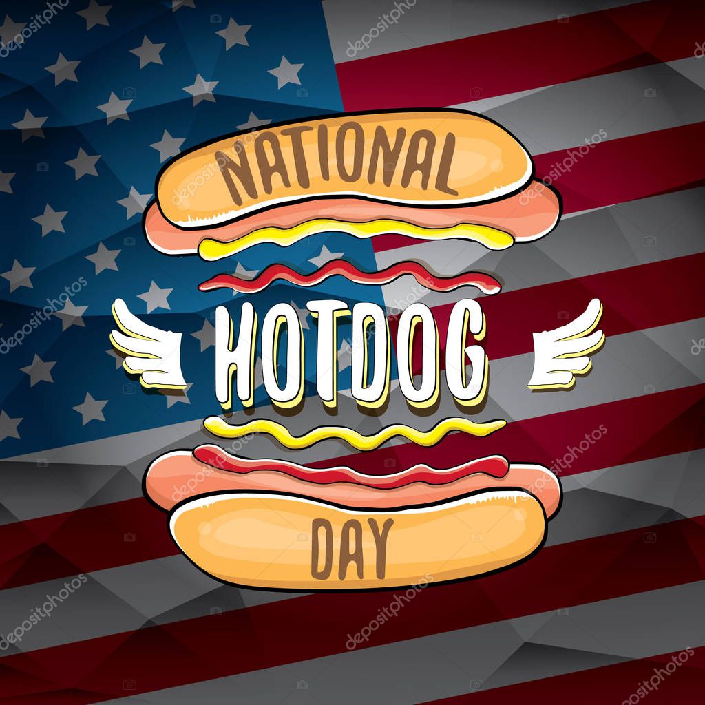 National hot dog day poster with cartoon hot dog. Hot dog day label or print for tee isolated on usa flag background.