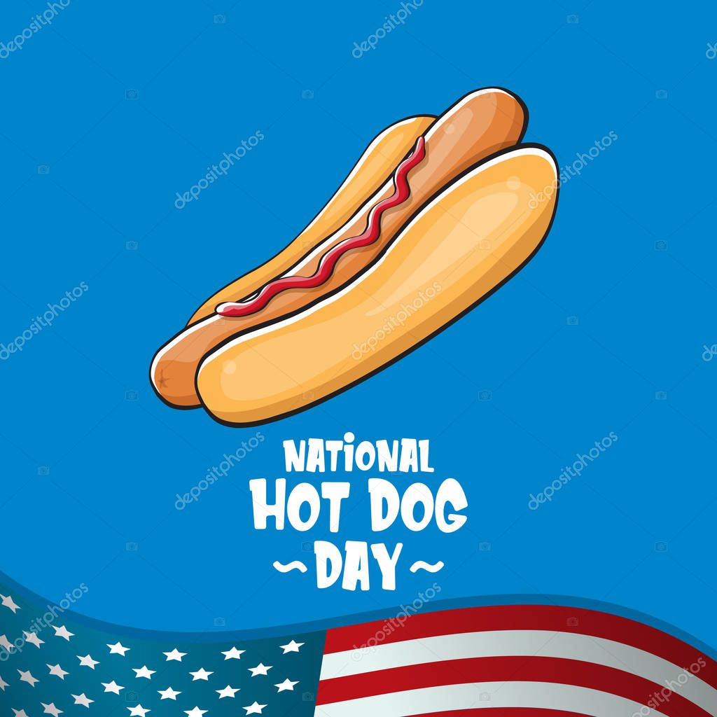 National hot dog day poster with cartoon hot dog. Hot dog day label or print for tee isolated on usa flag background.