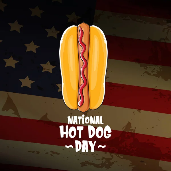 Національний день хот-дога з смішним мультиплікаційним хот-догом. гаряча етикетка дня собаки або друк для трійника ізольовані на фоні прапора США . — стоковий вектор