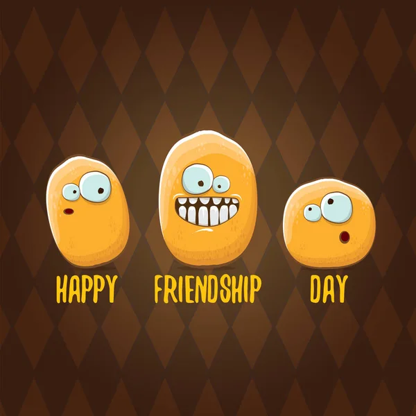 Feliz Día de la Amistad vector ilustración. Funky niños patata con friends.vector amigos niños pequeños personajes de patata divertirse aislado sobre fondo marrón . — Vector de stock