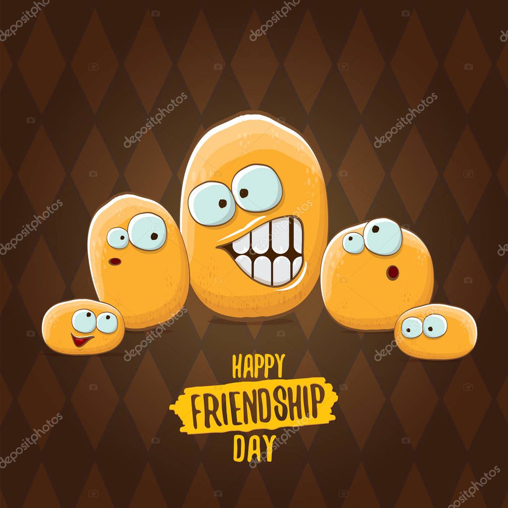 Happy Friendship day vector poster. funky kids potato with friends.vector friends tiny kids potato characters having fun isolated on brown background.