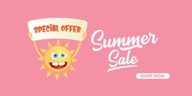 yaz satış yatay web afiş . yaz mutlu güneş karakter yumuşak pastel pembe yatay arka plan izole özel teklif satış metni ile işaret veya afiş tutan