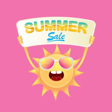 yaz satış vektör afiş veya web afiş. pembe arka plan üzerinde özel teklif satış metni ile işaret veya afiş tutan yaz mutlu güneş karakteri