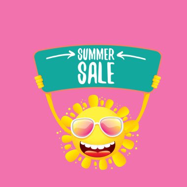yaz satış vektör afiş veya web afiş. pembe arka plan üzerinde özel teklif satış metni ile işaret veya afiş tutan yaz mutlu güneş karakteri