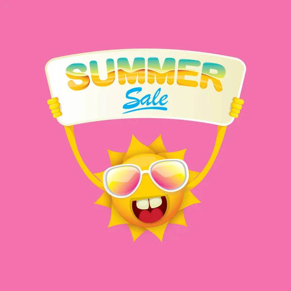Letni plakat wektorowy lub baner internetowy. lato szczęśliwy słońce znak gospodarstwa znak lub baner ze specjalną ofertą sprzedaży tekst na różowym tle — Wektor stockowy