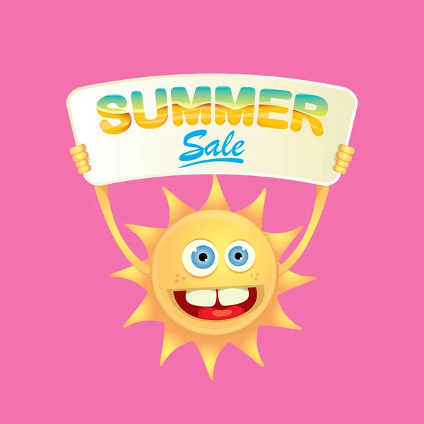 Summer sale vector poster or web banner. summer happy sun character holding sign or banner with special offer sale text on pink background — Stock Vector