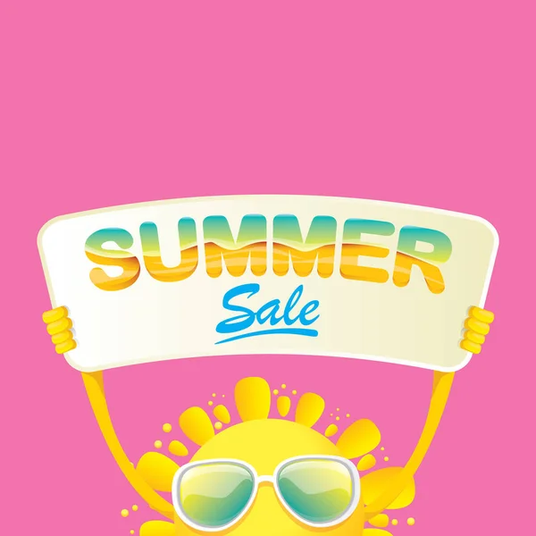 Summer sale vector poster or web banner. summer happy sun character holding sign or banner with special offer sale text on pink background — Stock Vector