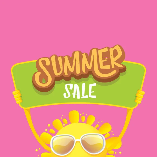 Sommerschlussverkauf Vektor Poster oder Web-Banner. Sommer glücklich Sonne Charakter halten Zeichen oder Banner mit Sonderangebot Verkauf Text auf rosa Hintergrund — Stockvektor