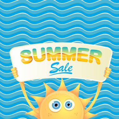 yaz satış vektör afiş veya web afiş. yaz mutlu güneş karakter mavi dalga arka plan üzerinde özel teklif satış metni ile işaret veya afiş tutan