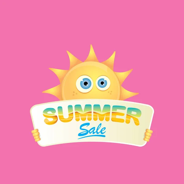 Sommerschlussverkauf Vektor Poster oder Web-Banner. Sommer glücklich Sonne Charakter halten Zeichen oder Banner mit Sonderangebot Verkauf Text auf rosa Hintergrund — Stockvektor