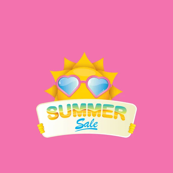 Affiche vectorielle de vente d'été ou bannière web. été heureux soleil caractère tenant signe ou bannière avec offre spéciale vente texte sur fond rose — Image vectorielle
