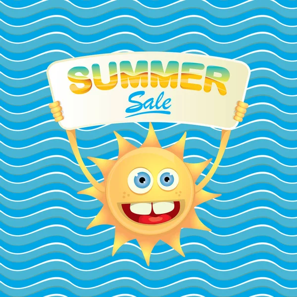 Sommar REA vektor affisch eller webbbanner. sommar Happy Sun Character Holding skylt eller banner med Specialerbjudande försäljning text på Blue Wave bakgrund — Stock vektor