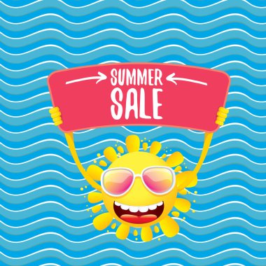 yaz satış vektör afiş veya web afiş. yaz mutlu güneş karakter mavi dalga arka plan üzerinde özel teklif satış metni ile işaret veya afiş tutan