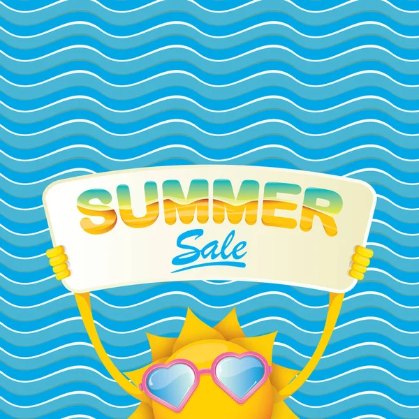 Summer sale vector poster or web banner. summer happy sun character holding sign or banner with special offer sale text on blue wave background — Stock Vector