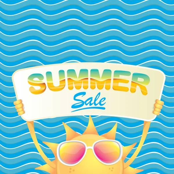 Summer sale vector poster or web banner. summer happy sun character holding sign or banner with special offer sale text on blue wave background — Stock Vector