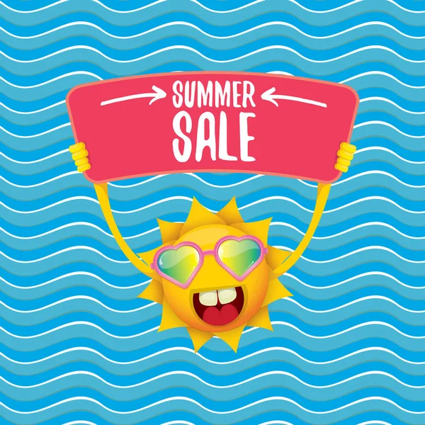 Zomer verkoop vector poster of web banner. zomer gelukkig zon teken Holding teken of banner met speciale aanbieding verkoop tekst op blauwe Golf achtergrond — Stockvector