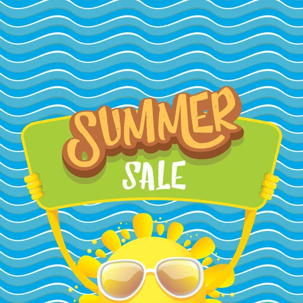 Summer sale vector poster or web banner. summer happy sun character holding sign or banner with special offer sale text on blue wave background — Stock Vector