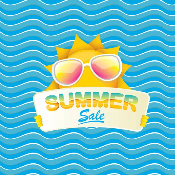 여름 판매 벡터 포스터 또는 웹 배너. 여름 행복 태양 문자 들고 기호 또는 배너 와 특별 한 제공 판매 텍스트 에 블루 웨이브 배경 — 스톡 벡터