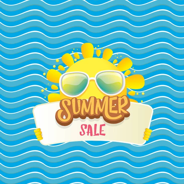 Summer sale vector poster or web banner. summer happy sun character holding sign or banner with special offer sale text on blue wave background — Stock Vector