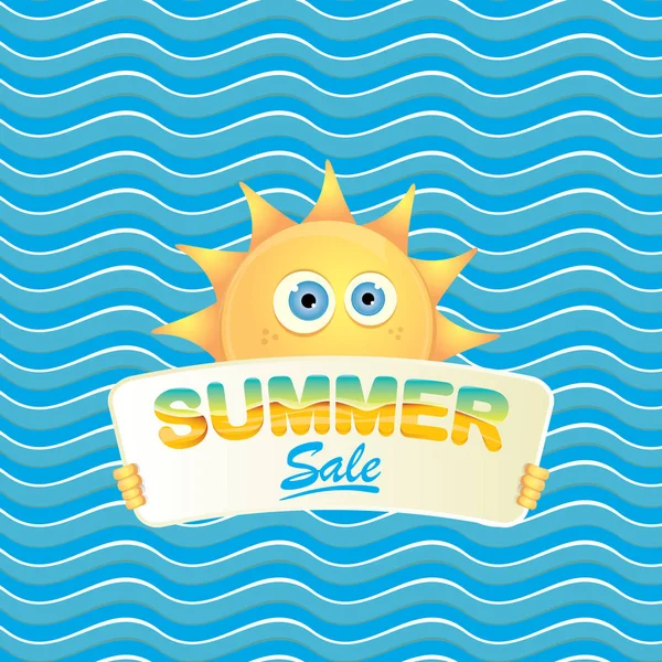 Cartel de vector de venta de verano o banner web. verano feliz sol carácter celebración cartel o pancarta con oferta especial venta de texto sobre fondo de onda azul — Archivo Imágenes Vectoriales