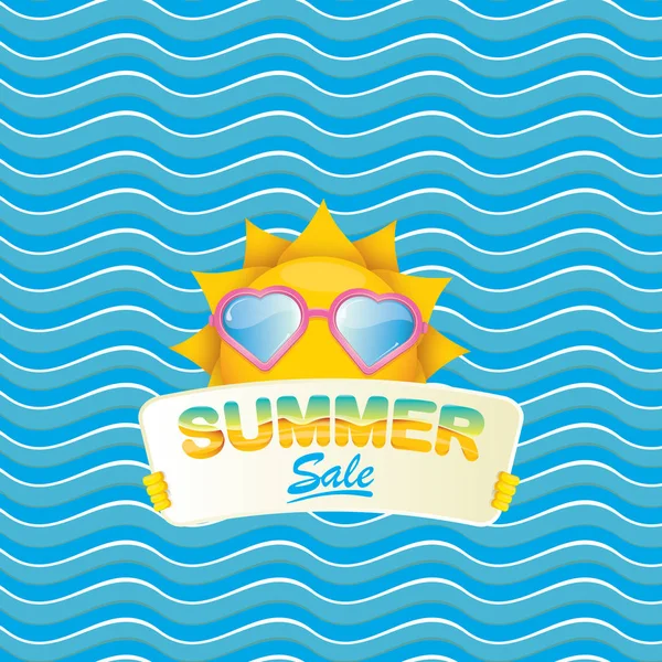 Summer sale vector poster or web banner. summer happy sun character holding sign or banner with special offer sale text on blue wave background — Stock Vector