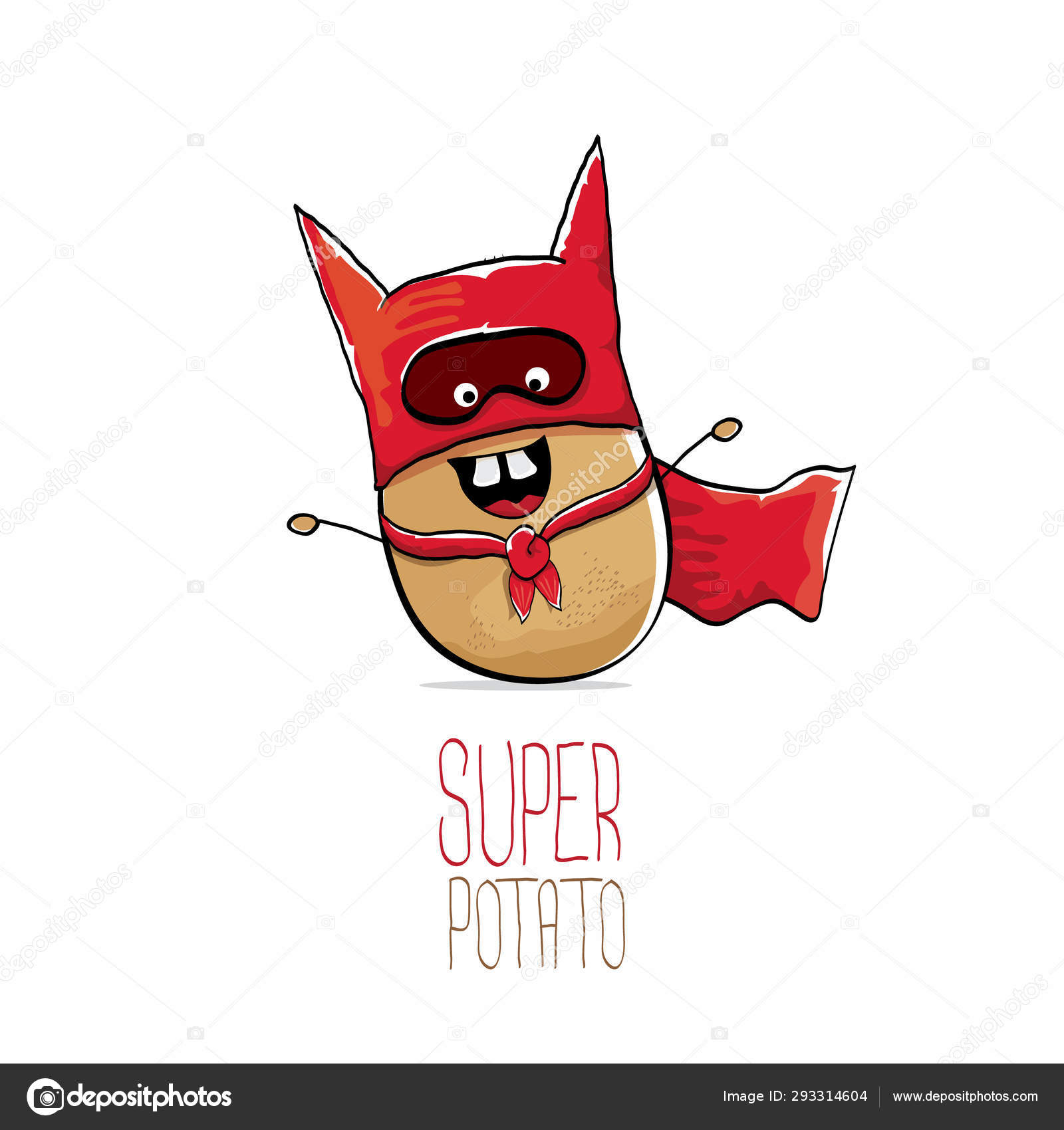 Vector funny cartoon cute brown super hero potato with red hero cape ...
