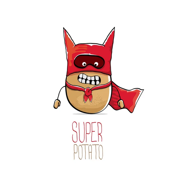 矢量可爱的卡通可爱棕色超级英雄马铃薯与孤立的白色背景上的红色英雄海角。我的名字是马铃薯矢量的概念。超级蔬菜时髦人物 — 图库矢量图片