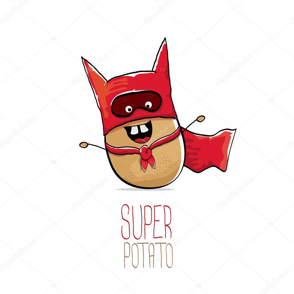 Vector funny cartoon brown super hero potato with red hero cape isolated on white background. My name is potato vector concept. super vegetable funky character