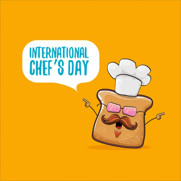 Tarjeta de felicitación del día del chef internacional o pancarta con vector divertido pan de chef de dibujos animados con sombrero de cheaf aislado sobre fondo naranja . — Archivo Imágenes Vectoriales