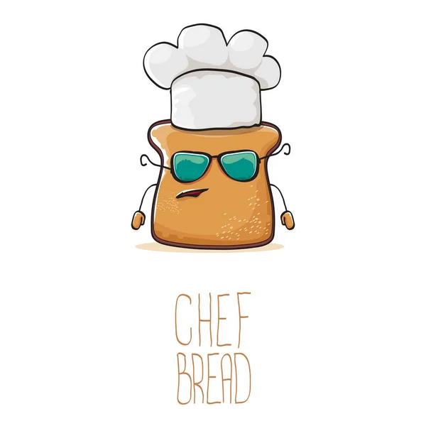 Vector funky cartoon schattig brood chef-kok karakter met witte chef-kok hoed geïsoleerd op witte achtergrond. Mijn naam is Bread concept illustratie. Bakkerij funky logo of mascotte ontwerpsjabloon — Stockvector