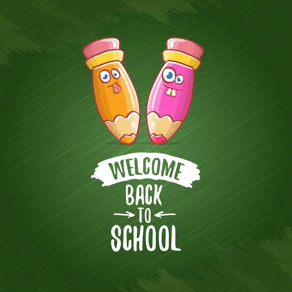 Back to school banner or poster with cartoon funky pencil and hand drawn doodle text label on green chalkboard texture backdrop. Vector back to school background with cartoon school supplies — Stock Vector