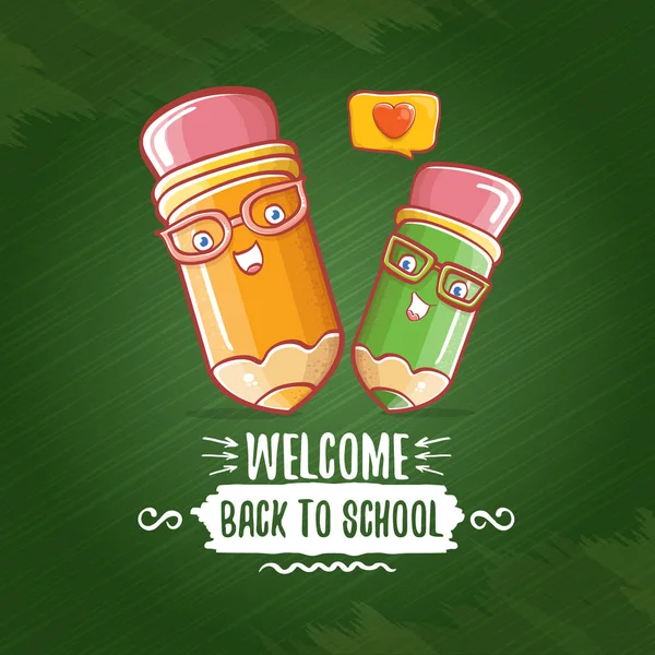 Back to school banner or poster with cartoon funky pencil and hand drawn doodle text label on green chalkboard texture backdrop. Vector back to school background with cartoon school supplies — Stock Vector