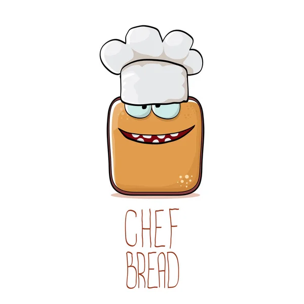 Vector funky cartoon smiling toast bread chef character with white chef hat isolated on white background. Bakery or kids cafe funky logo or mascot design template — Stock Vector