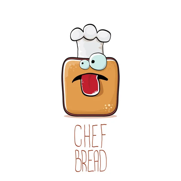 Vector funky cartoon lachend toast brood chef-kok karakter met witte chef-kok hoed geïsoleerd op witte achtergrond. Bakkerij of Kids café funky logo of mascotte ontwerpsjabloon — Stockvector