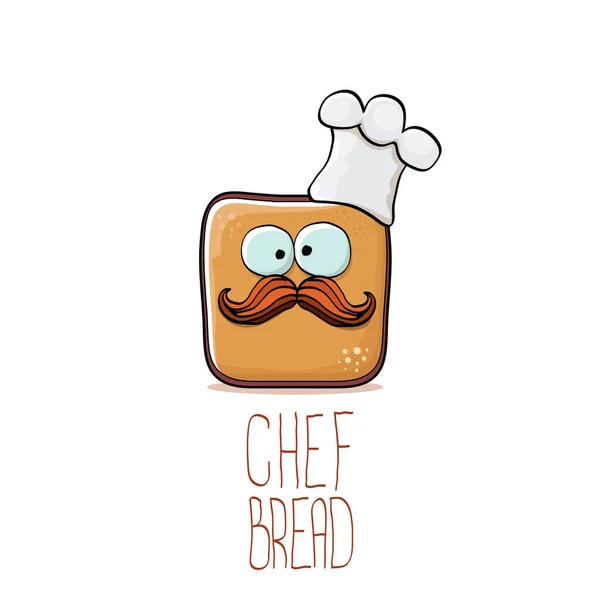 Vector funky cartoon lachend toast brood chef-kok karakter met witte chef-kok hoed geïsoleerd op witte achtergrond. Bakkerij of Kids café funky logo of mascotte ontwerpsjabloon — Stockvector