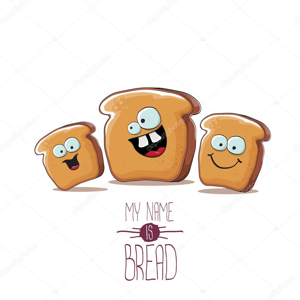 Vector funny cartoon bread character with friends isolated on white background. funky food bakery kids characters set or collection
