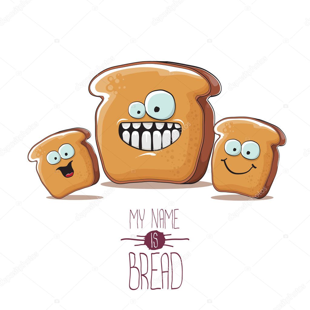 Vector funny cartoon bread character with friends isolated on white background. funky food bakery kids characters set or collection