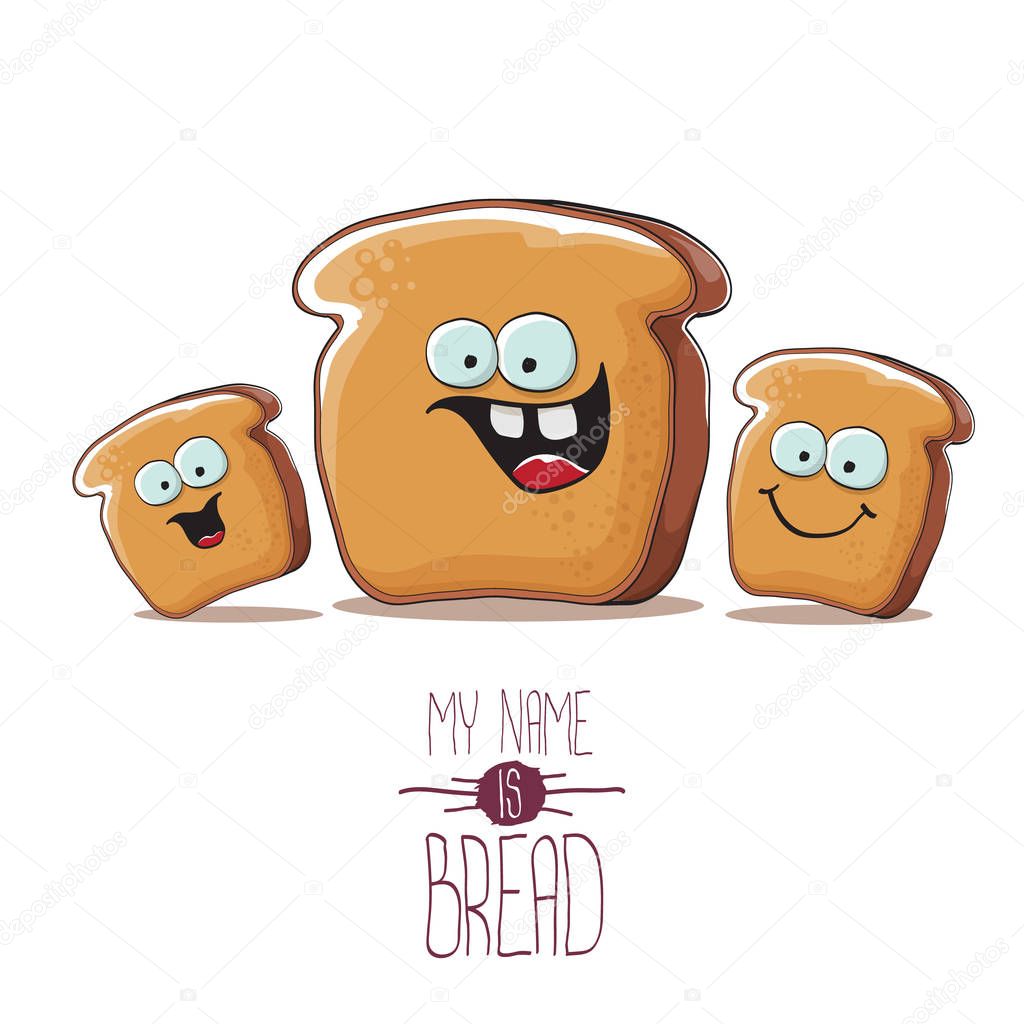 Vector funny cartoon bread character with friends isolated on white background. funky food bakery kids characters set or collection