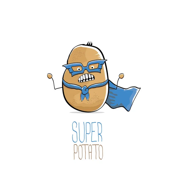 흰색 배경에 고립 된 파란색 영웅 케이프와 영웅 마스크와 벡터 재미 만화 귀여운 갈색 슈퍼 영웅 감자. 제 이름은 감자 벡터 개념입니다. 슈퍼 야채 음식 문자 — 스톡 벡터