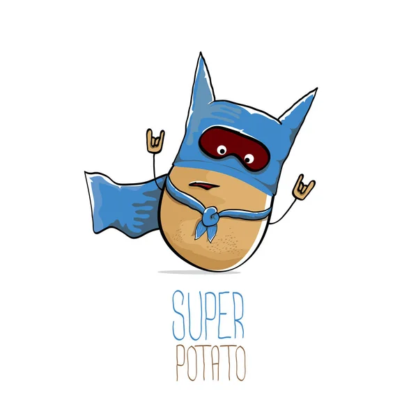 矢量有趣的卡通可爱的棕色超级英雄土豆与蓝色英雄斗篷和英雄面具孤立在白色背景。我的名字是马铃薯向量概念。超级蔬菜食品特性 — 图库矢量图片