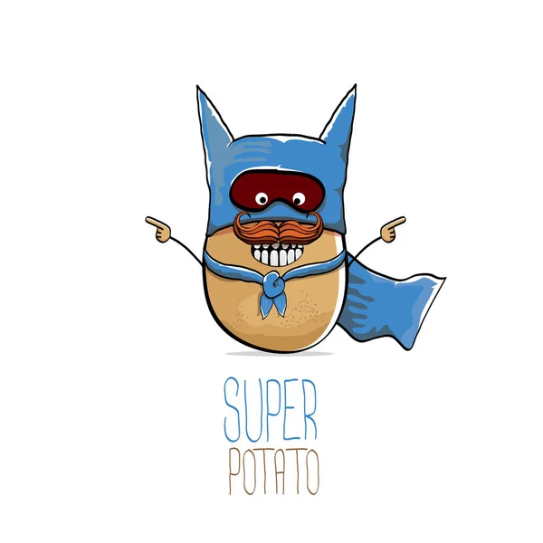 矢量有趣的卡通可爱的棕色超级英雄土豆与蓝色英雄斗篷和英雄面具孤立在白色背景。我的名字是马铃薯向量概念。超级蔬菜食品特性 — 图库矢量图片