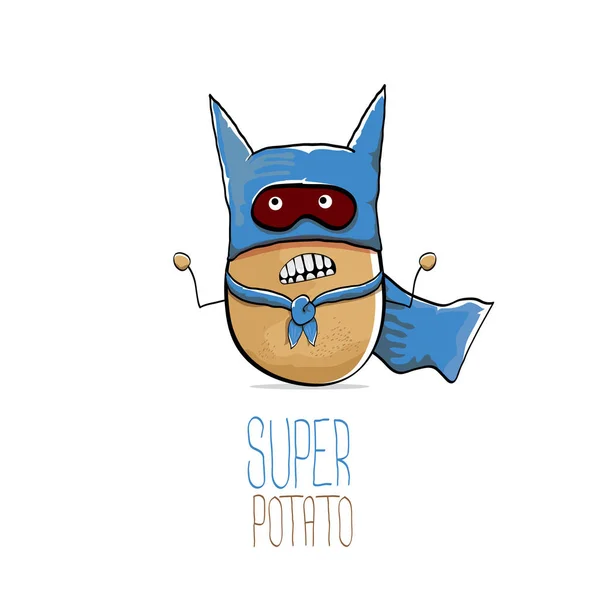 Vektorová zábavná, roztomilá, super hrdinská brambora s modrou hrdinskou kapkou a hrdinovou maskou, izolovaná na bílém pozadí. Mé jméno je koncept bramborového vektoru. Super zeleninová potravinářský znak — Stockový vektor