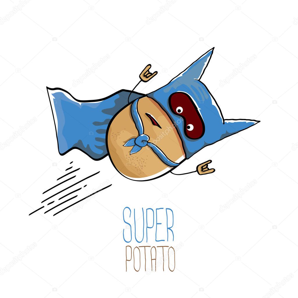 Vector funny cartoon cute brown super hero potato with blue hero cape and hero mask isolated on white background. My name is potato vector concept. super funky vegetable food character