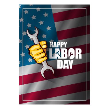İşçi bayramı Usa dikey posteri, arka plan ya da el ilanı ABD bayrak düzeni ve selamlama metninde izole edilmiş güçlü bir yumruğa sahip. İşçi sendikası konsepti çizimi