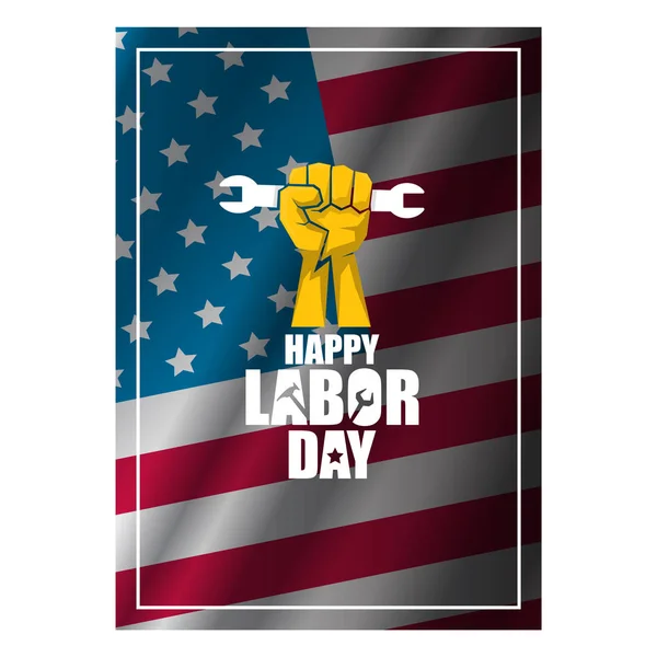 Labor day Usa vertical poster, background or flyer with strong clenched fist isolated on usa flag layout and greeting text . Labor union concept illustration — Stock Vector