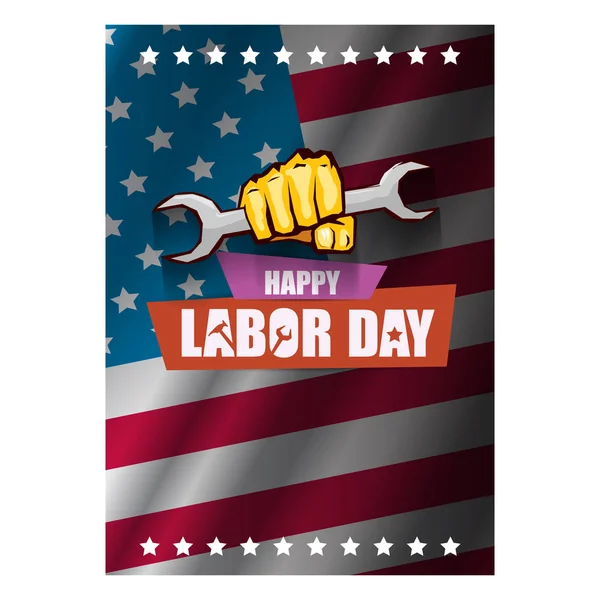 Labor day Usa vertical poster, background or flyer with strong clenched fist isolated on usa flag layout and greeting text . Labor union concept illustration — Stock Vector